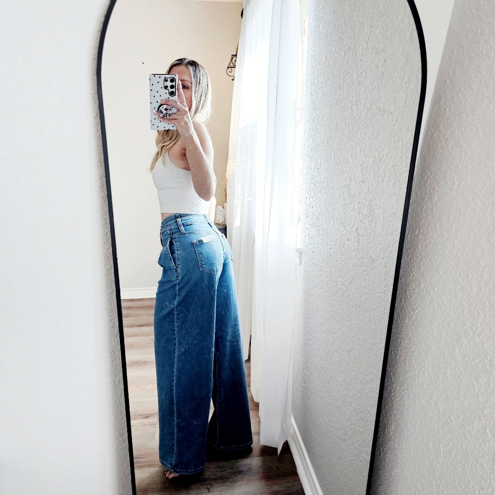 Risen MR Medium Wash Wide Leg Jeans Pleated Double Button Retro 80's Various NEW - Picture 12 of 15